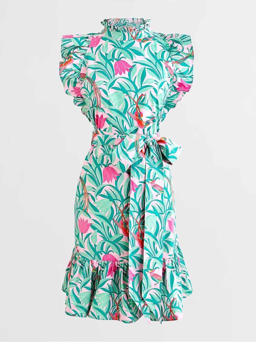 Banjanan Ruffle-Trimmed Dress in Tropical Garden Parrots Print Pink Size S